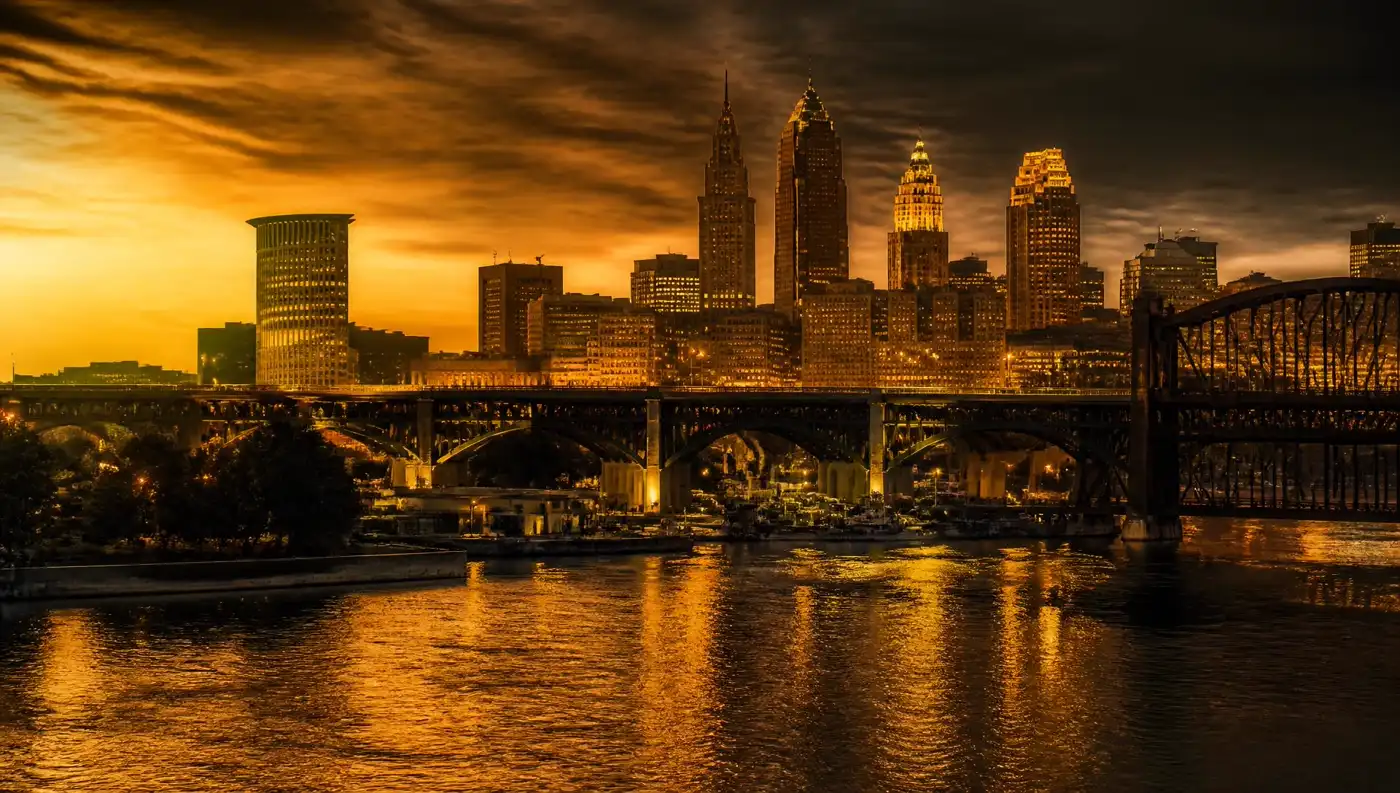 Cleveland, Ohio skyline at golden hour